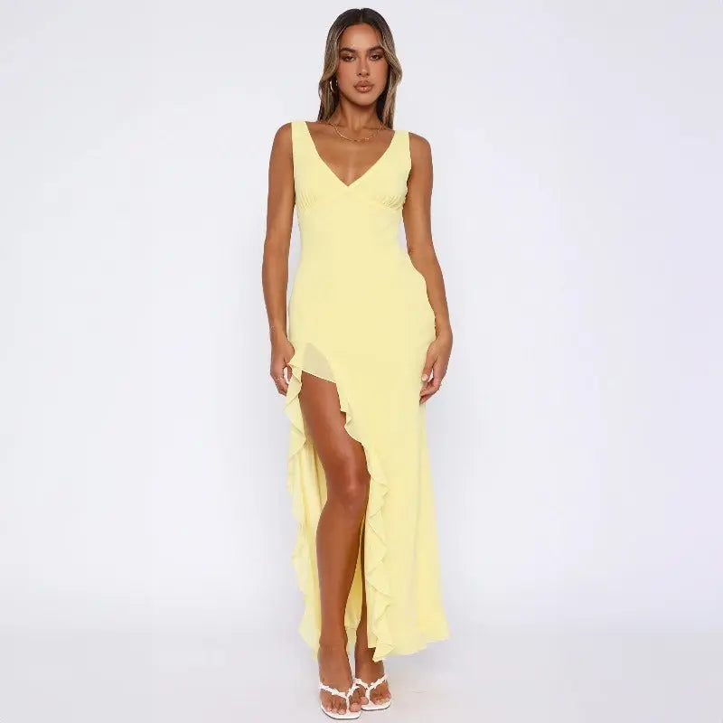 Robe longue Lolita, à col V, sans manches et avec fente. eprolo