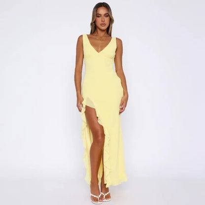 Robe longue Lolita, à col V, sans manches et avec fente. eprolo