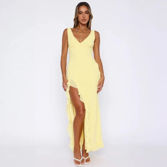 Robe longue Lolita, à col V, sans manches et avec fente. eprolo