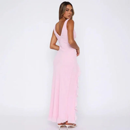 Robe longue Lolita, à col V, sans manches et avec fente. eprolo