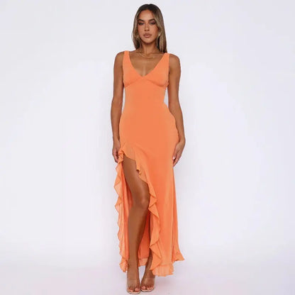 Robe longue Lolita, à col V, sans manches et avec fente. eprolo