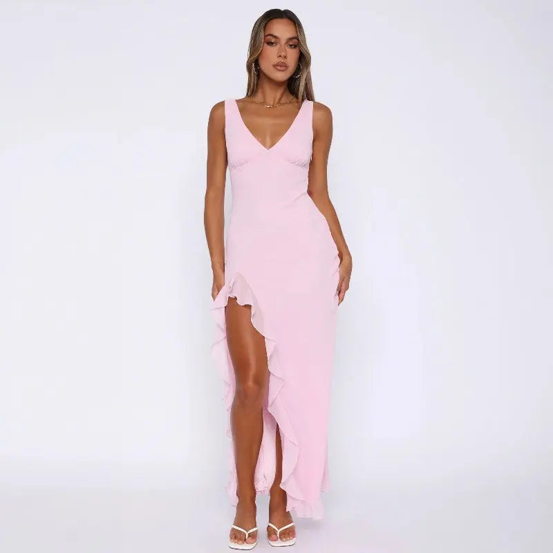 Robe longue Lolita, à col V, sans manches et avec fente. eprolo