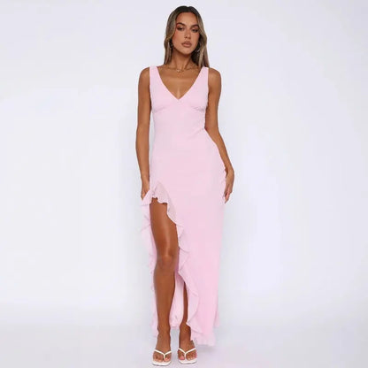 Robe longue Lolita, à col V, sans manches et avec fente. eprolo
