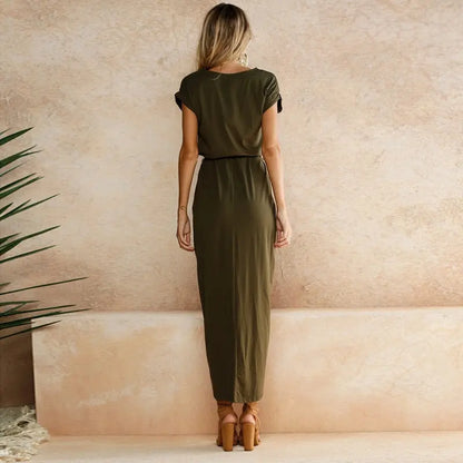 Robe longue Maé, manches courtes, taille ceinturée et asymétrique. eprolo