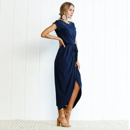 Robe longue Maé, manches courtes, taille ceinturée et asymétrique. eprolo