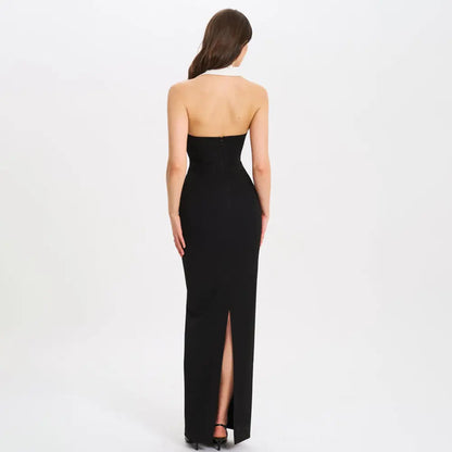 Robe longue Marina, à col en V et à revers, coupe slim, dos nu. eprolo