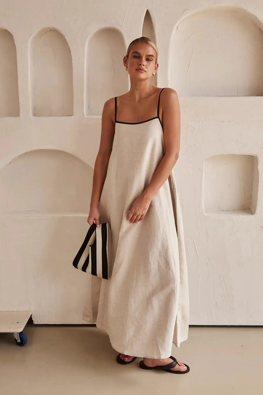 Robe longue Mia, robe à bretelles en coton et lin. eprolo