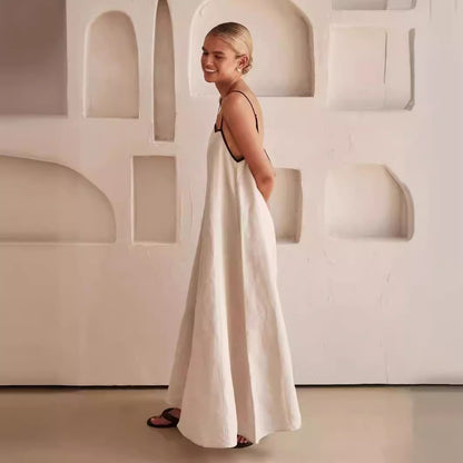 Robe longue Mia, robe à bretelles en coton et lin. eprolo