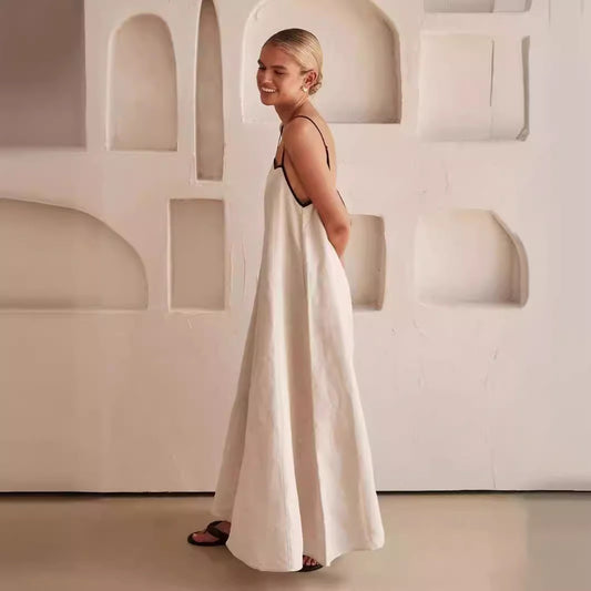 Robe longue Mia, robe à bretelles en coton et lin. eprolo