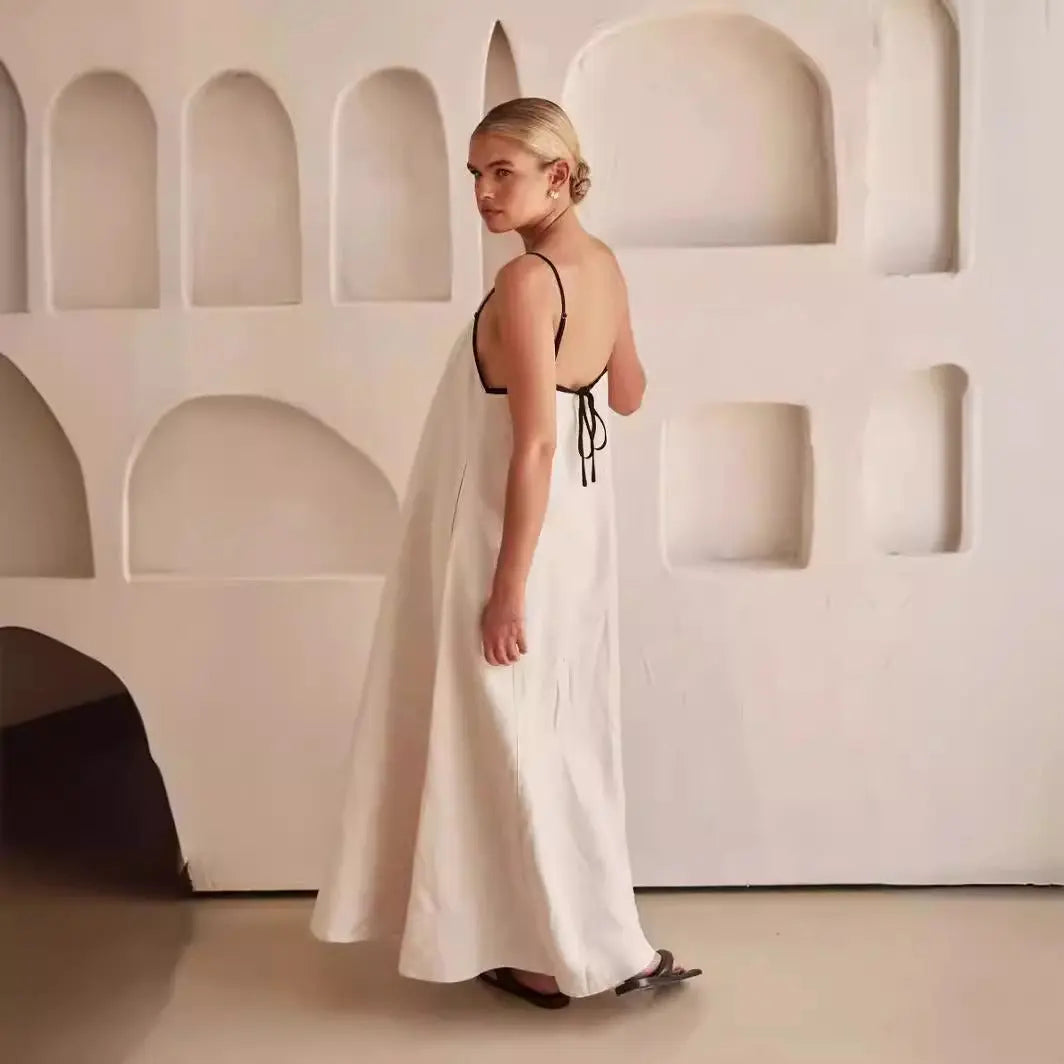 Robe longue Mia, robe à bretelles en coton et lin. eprolo