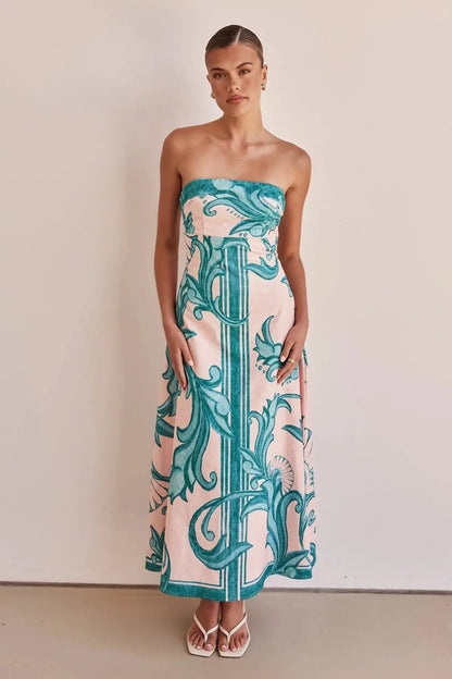 Robe longue Milane, robe bustier avec imprimé, coupe slim. eprolo