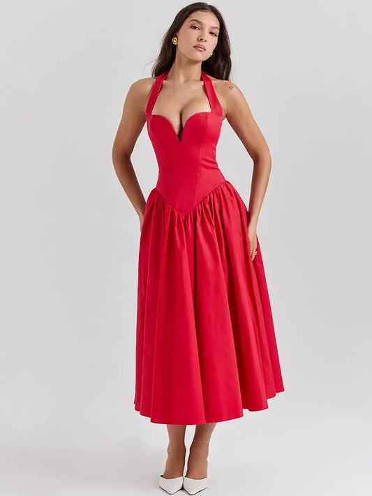 Robe longue Paola, décolleté en v profond, dos nu, jupe mi-longue eprolo