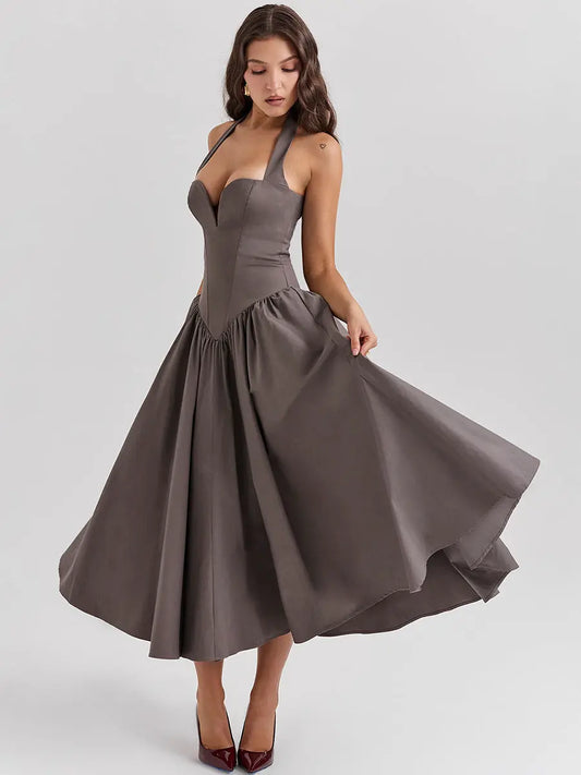 Robe longue Paola, décolleté en v profond, dos nu, jupe mi-longue eprolo