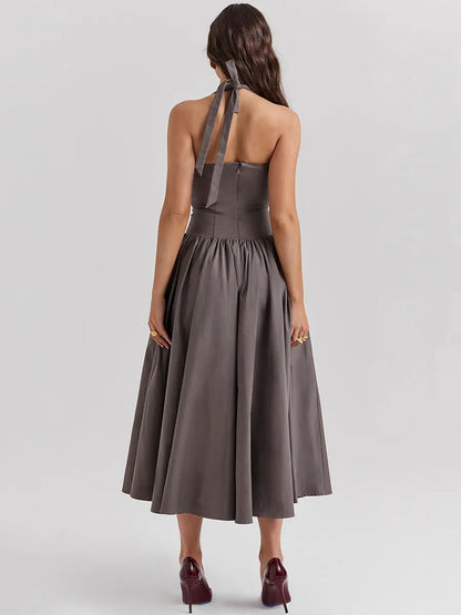 Robe longue Paola, décolleté en v profond, dos nu, jupe mi-longue eprolo