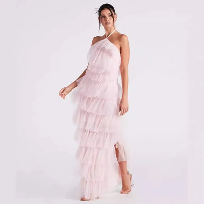 Robe longue Rosaline, robe multicouche à col suspendu et dos nu. eprolo
