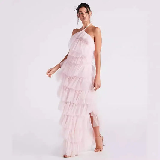 Robe longue Rosaline, robe multicouche à col suspendu et dos nu. eprolo