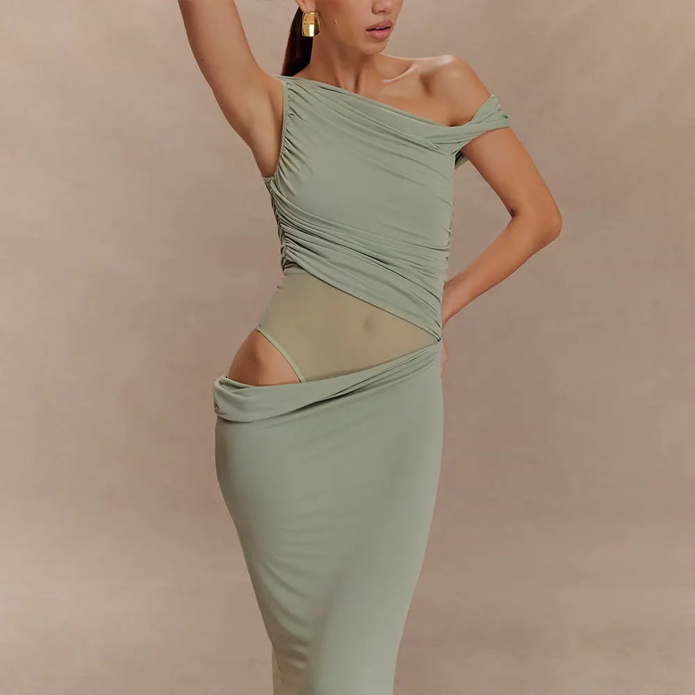 Robe longue Sophia, robe froissée, à une épaule dénudée, coupe ajustée à la taille eprolo