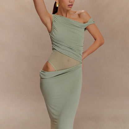 Robe longue Sophia, robe froissée, à une épaule dénudée, coupe ajustée à la taille eprolo