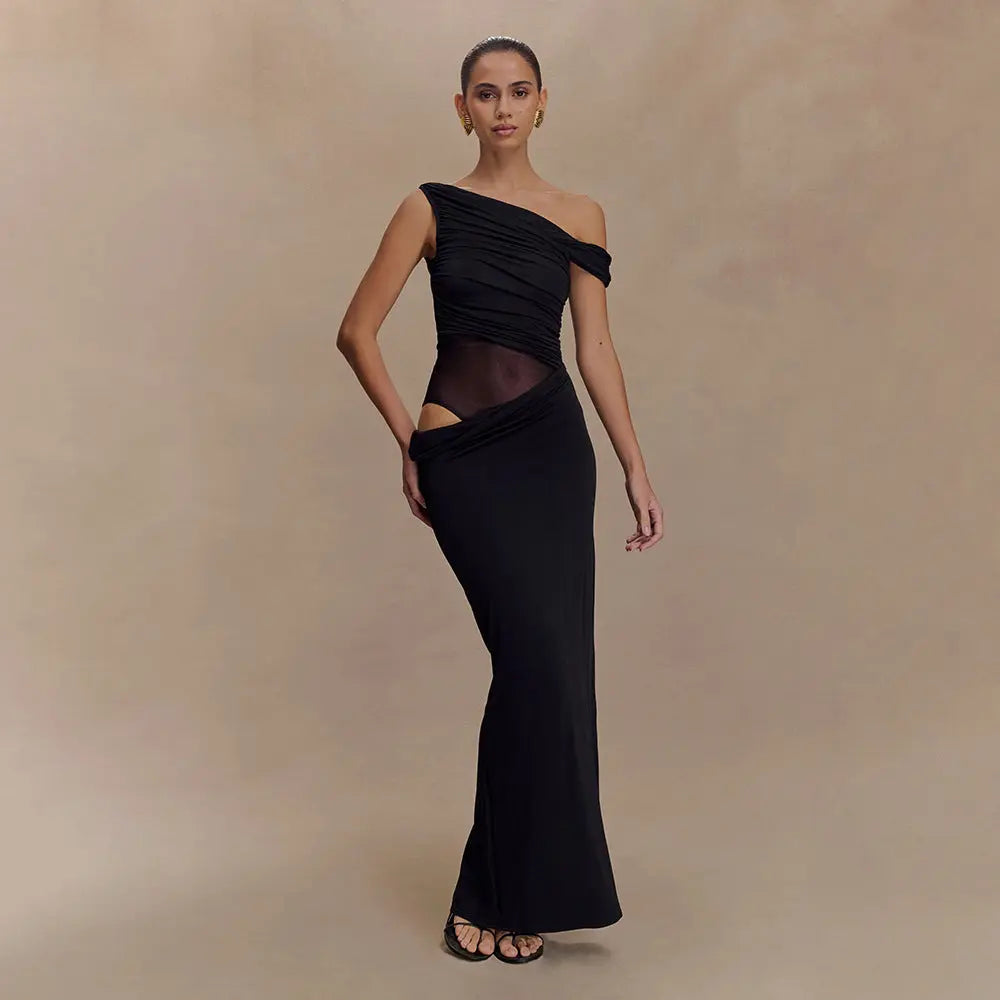 Robe longue Sophia, robe froissée, à une épaule dénudée, coupe ajustée à la taille eprolo