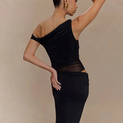 Robe longue Sophia, robe froissée, à une épaule dénudée, coupe ajustée à la taille eprolo