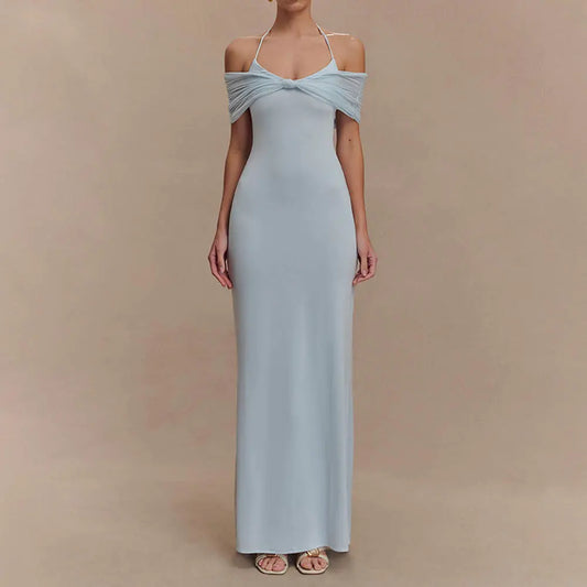 Robe longue Théana, robe avec empiècements en maille, taille cintrée. eprolo