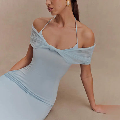 Robe longue Théana, robe avec empiècements en maille, taille cintrée. eprolo