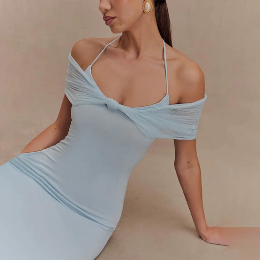 Robe longue Théana, robe avec empiècements en maille, taille cintrée. eprolo