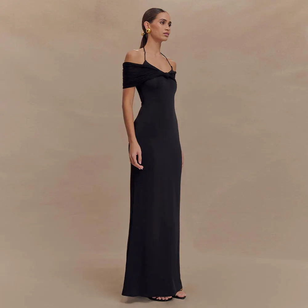 Robe longue Théana, robe avec empiècements en maille, taille cintrée. eprolo