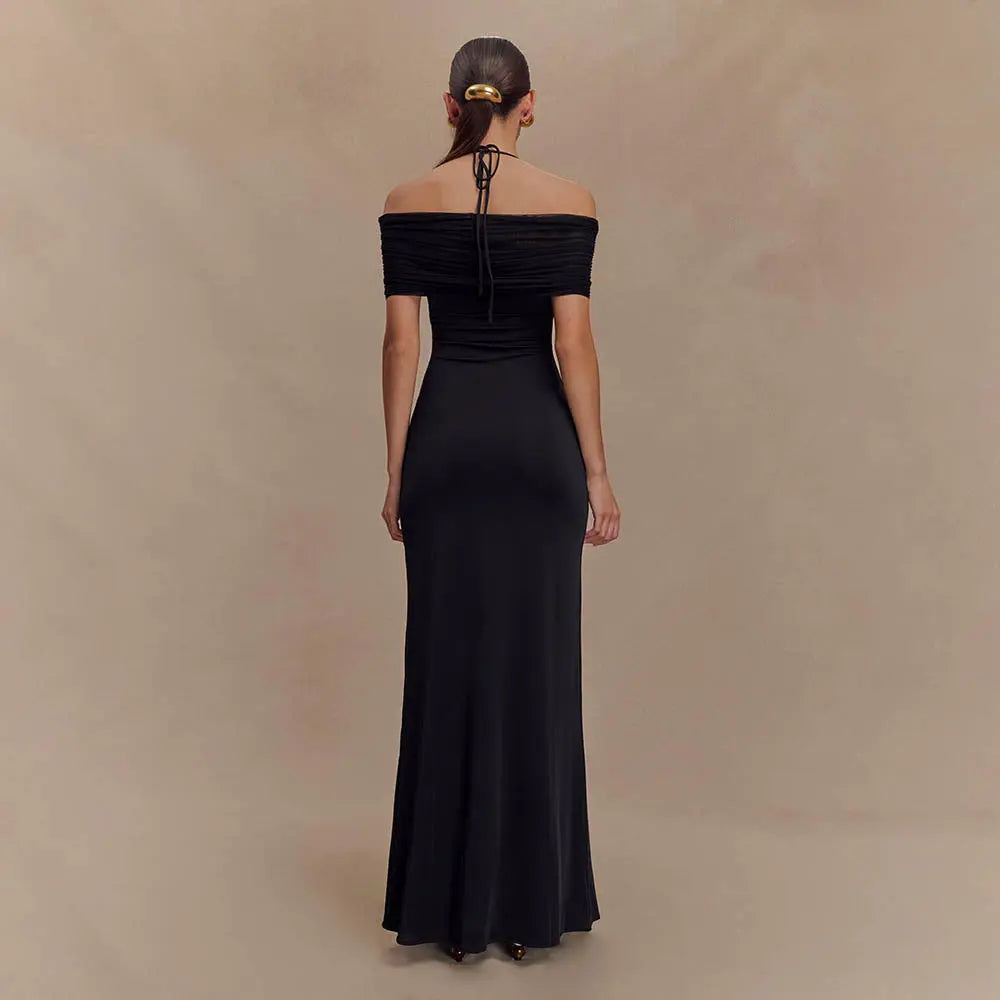 Robe longue Théana, robe avec empiècements en maille, taille cintrée. eprolo