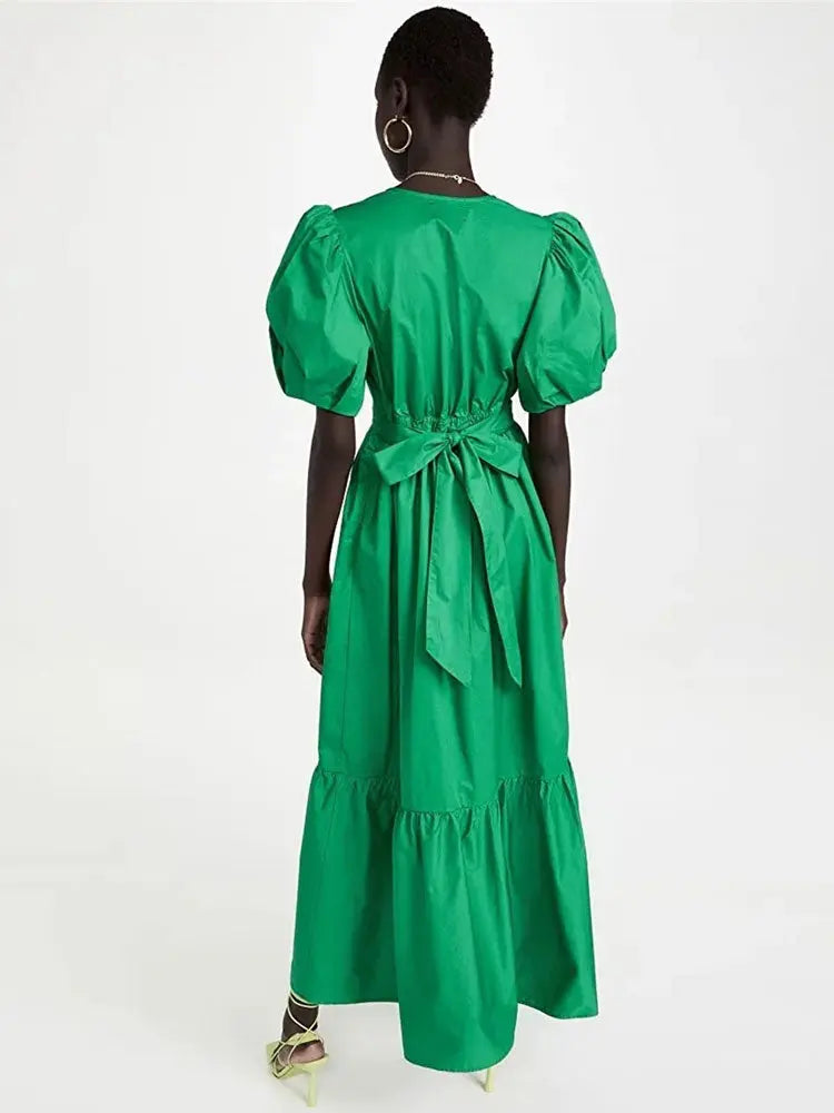 Robe longue Valéria, robe élégante à manches bouffantes et col en v profond, coupe trapèze. eprolo