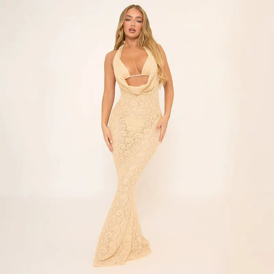 Robe longue en dentelle à col en V profond et dos nu eprolo