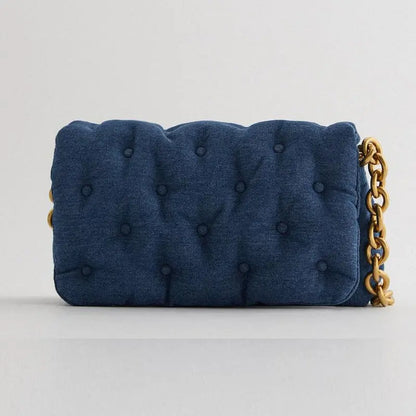 Sac à bandoulière en denim bleu foncé avec chaîne en métal épais, style rétro, grande capacité, boutons, carré, souple, tendance et décontr eprolo