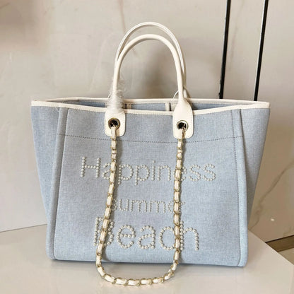 Sac de plage en toile avec chaîne et anse en cuir véritable, sac fourre-tout à bandoulière. eprolo
