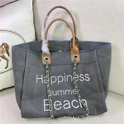 Sac de plage en toile avec chaîne et anse en cuir véritable, sac fourre-tout à bandoulière. eprolo