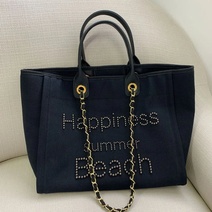 Sac de plage en toile avec chaîne et anse en cuir véritable, sac fourre-tout à bandoulière. eprolo