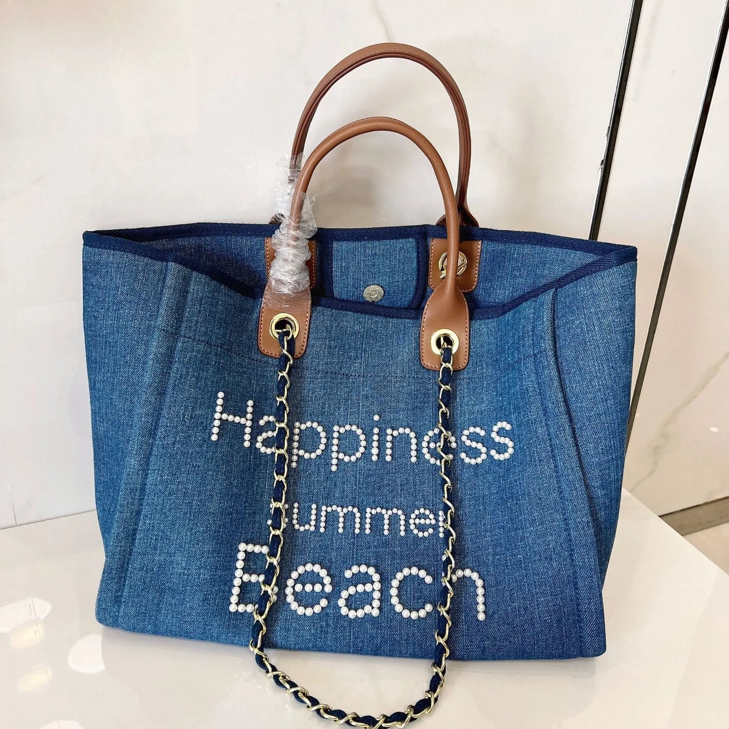 Sac de plage en toile avec chaîne et anse en cuir véritable, sac fourre-tout à bandoulière. eprolo