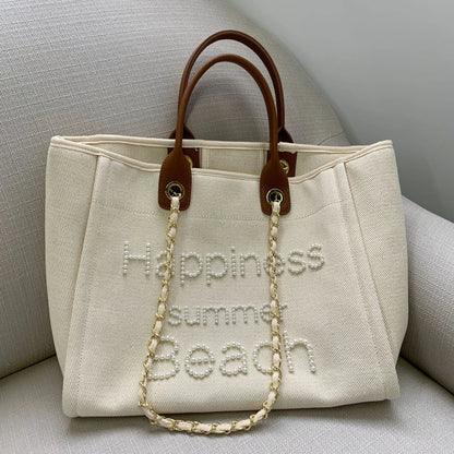 Sac de plage en toile avec chaîne et anse en cuir véritable, sac fourre-tout à bandoulière. eprolo
