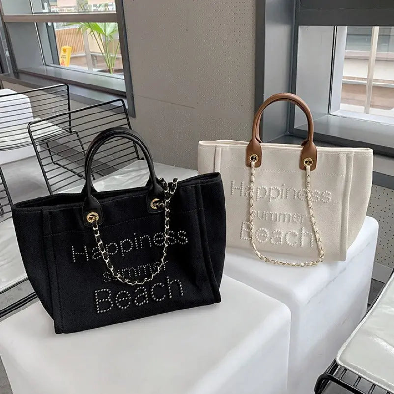 Sac de plage en toile avec chaîne et anse en cuir véritable, sac fourre-tout à bandoulière. eprolo