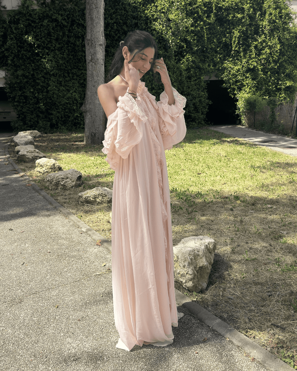 Robe Héléna rose, dos nu et manches longues