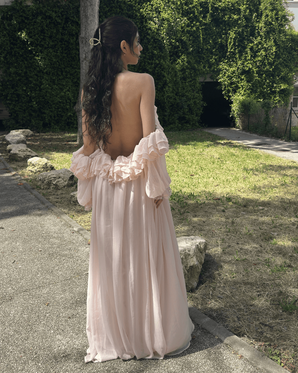 Robe Héléna rose, dos nu et manches longues