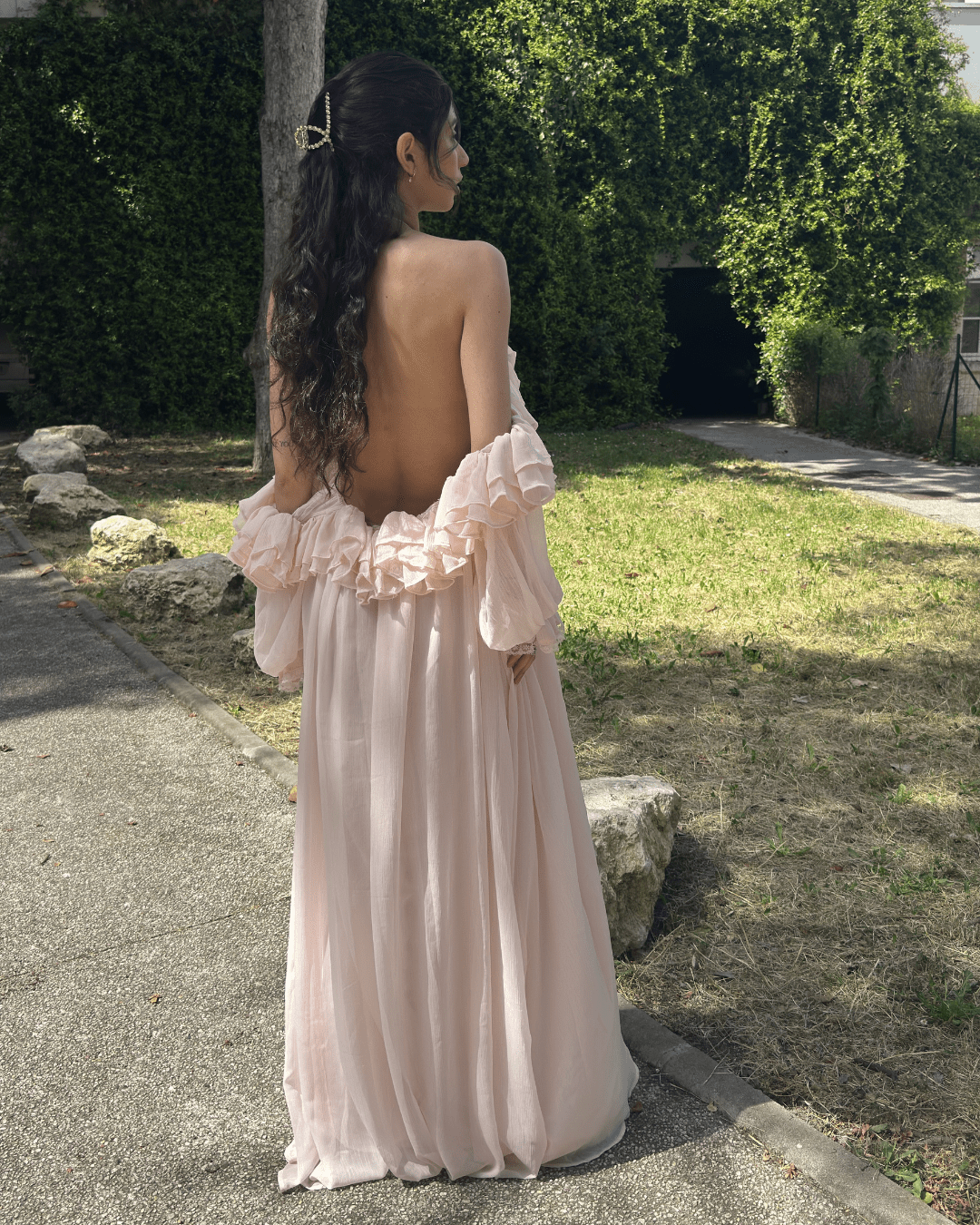 Robe Héléna rose, dos nu et manches longues