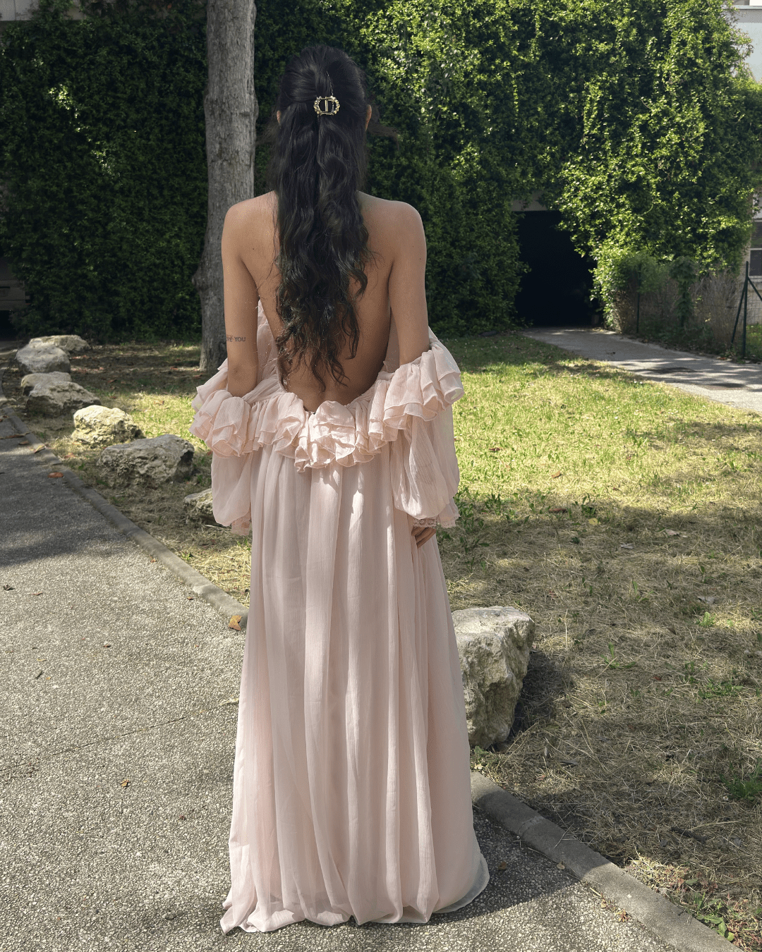 Robe Héléna rose, dos nu et manches longues